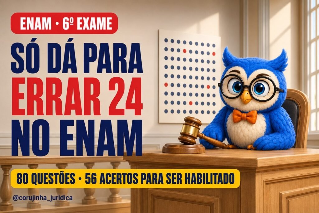 Ilustracao da Corujinha Juridica em uma mesa de juiz com martelo, ao lado do texto ENAM 6o exame: so da para errar 24. 80 questoes, 56 acertos para ser habilitado.