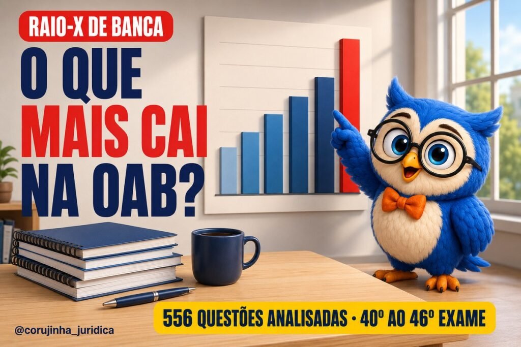 Coruja mascote da Corujinha Jurídica apontando para a barra mais alta de um gráfico de incidência das matérias do Exame da OAB, com o título O que mais cai na OAB e a informação de 556 questões analisadas dos exames 40º ao 46º.