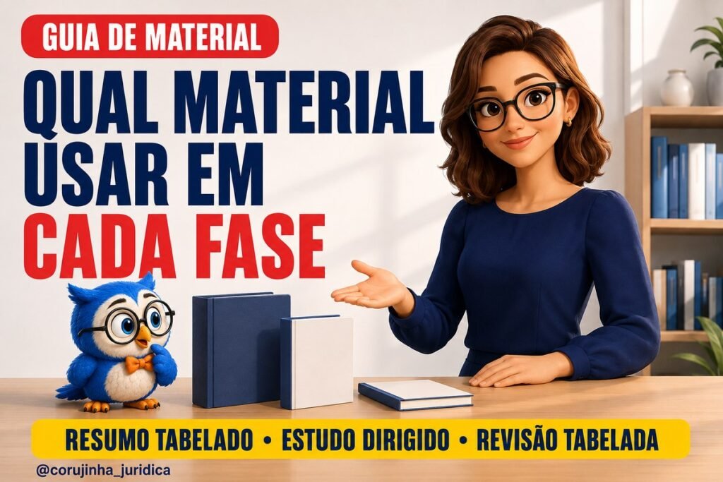 Ilustração da Corujinha Jurídica apresentando três materiais de estudo de espessuras diferentes sobre uma mesa, representando Resumo Tabelado, Estudo Dirigido e Revisão Tabelada, com o título Qual material usar em cada fase.