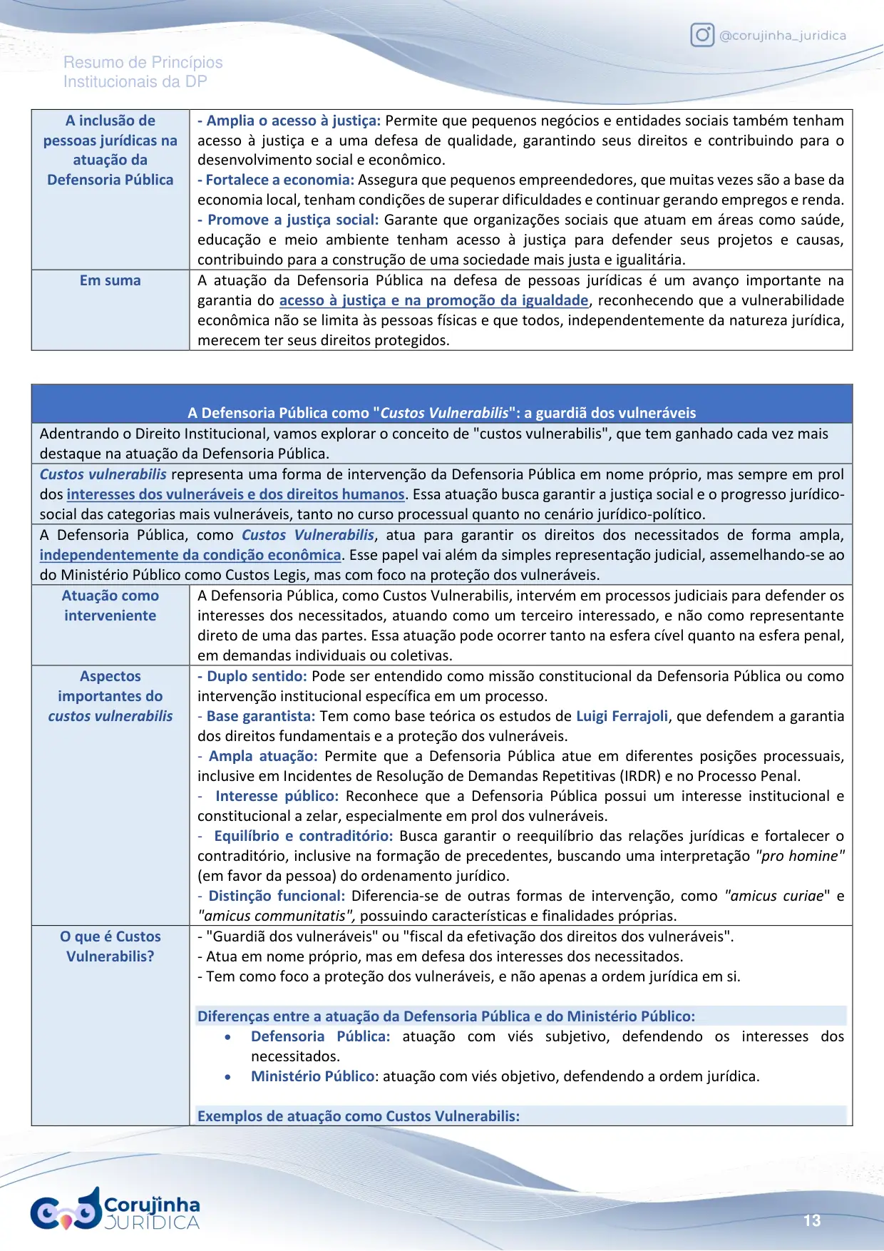 Página do Resumo Tabelado de Princípios Institucionais da DP sobre custos vulnerabilis, com a atuação como interveniente, os aspectos importantes e a diferença entre Defensoria e Ministério Público
