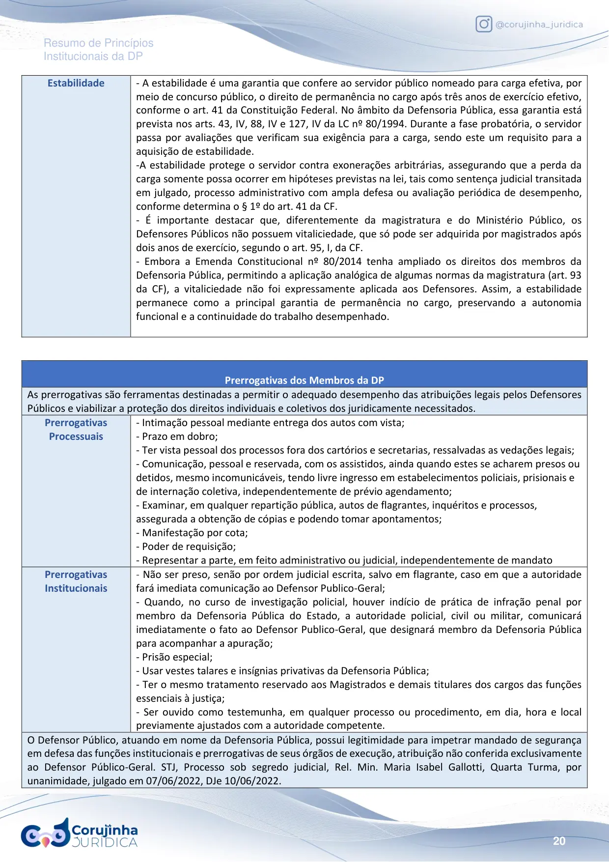 Página do Resumo Tabelado de Princípios Institucionais da DP sobre a estabilidade do defensor público e a lista de prerrogativas processuais e institucionais dos membros