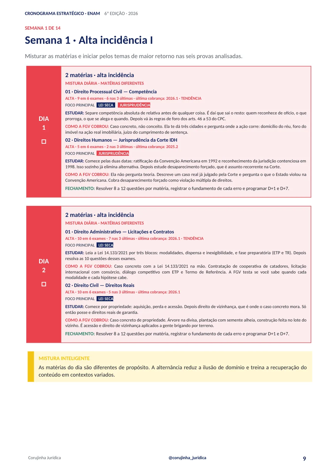 Semana 1 do Cronograma ENAM com duas matérias por dia e o que estudar em cada uma