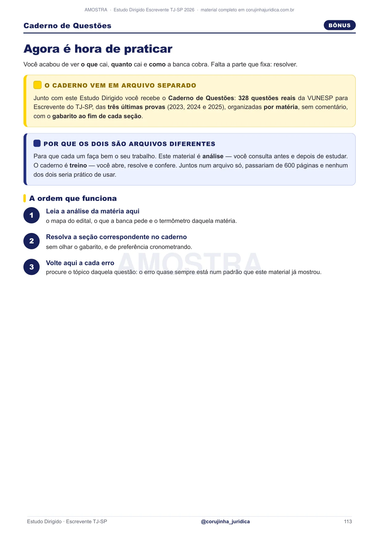 Página do caderno de questões de bônus com questões reais da VUNESP