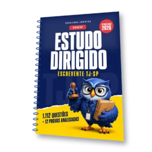 Mockup do Estudo Dirigido Escrevente TJ-SP 2026 da Corujinha Jurídica, com 1.112 questões da VUNESP analisadas