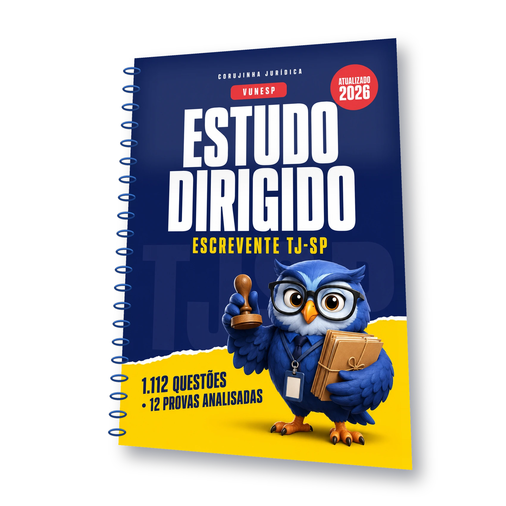 Mockup do Estudo Dirigido Escrevente TJ-SP 2026 da Corujinha Jurídica, com 1.112 questões da VUNESP analisadas