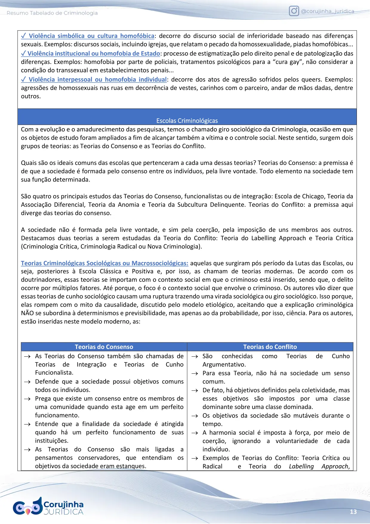 Página do Resumo Tabelado de Criminologia comparando as teorias do consenso e as teorias do conflito em duas colunas, depois da explicação das escolas criminológicas