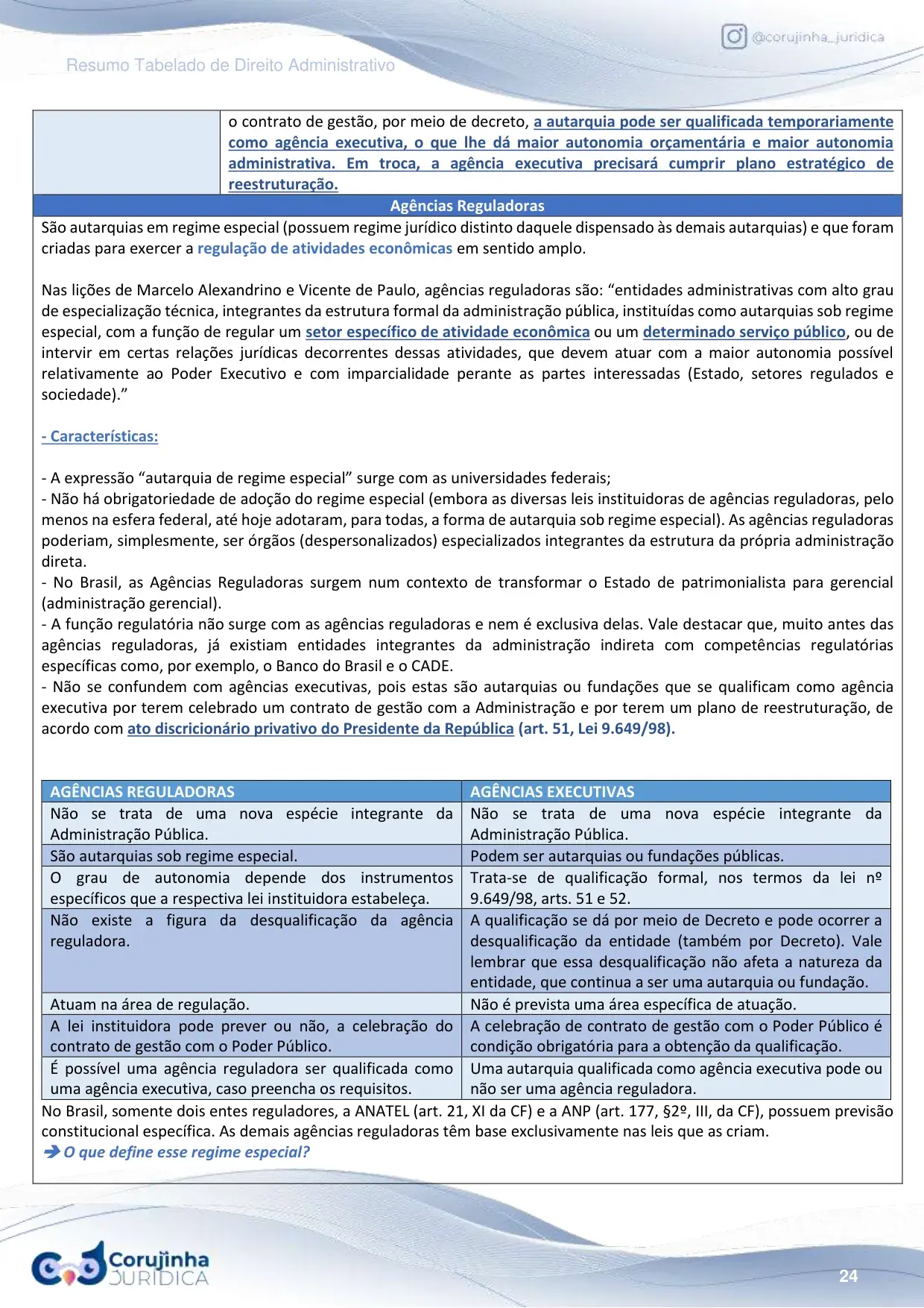 Página do Resumo Tabelado de Direito Administrativo comparando agências reguladoras e agências executivas linha a linha, com o conceito doutrinário logo acima