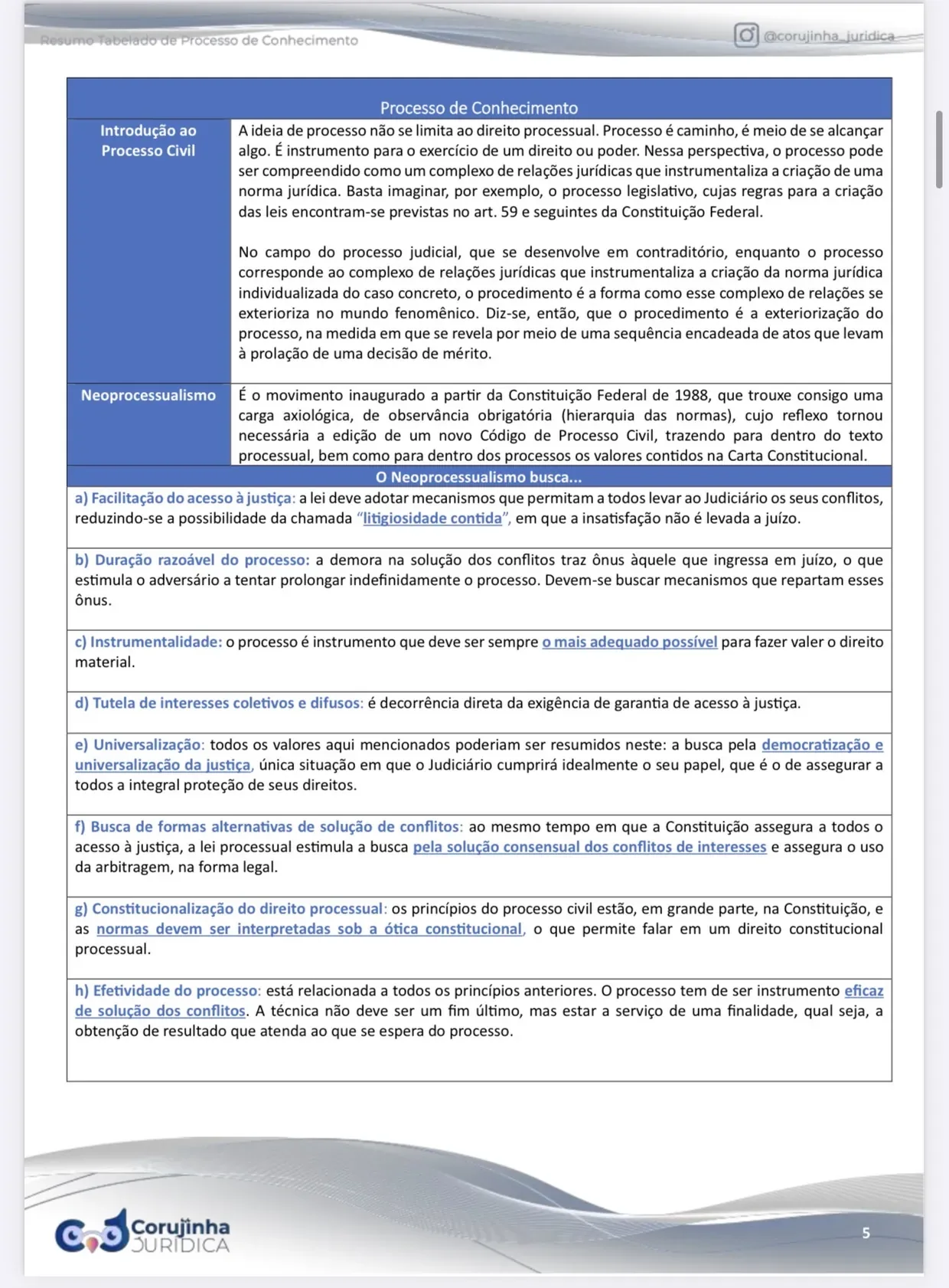 Página do Resumo Tabelado de Direito Processual Civil, Processo de Conhecimento, com os princípios do neoprocessualismo separados item a item