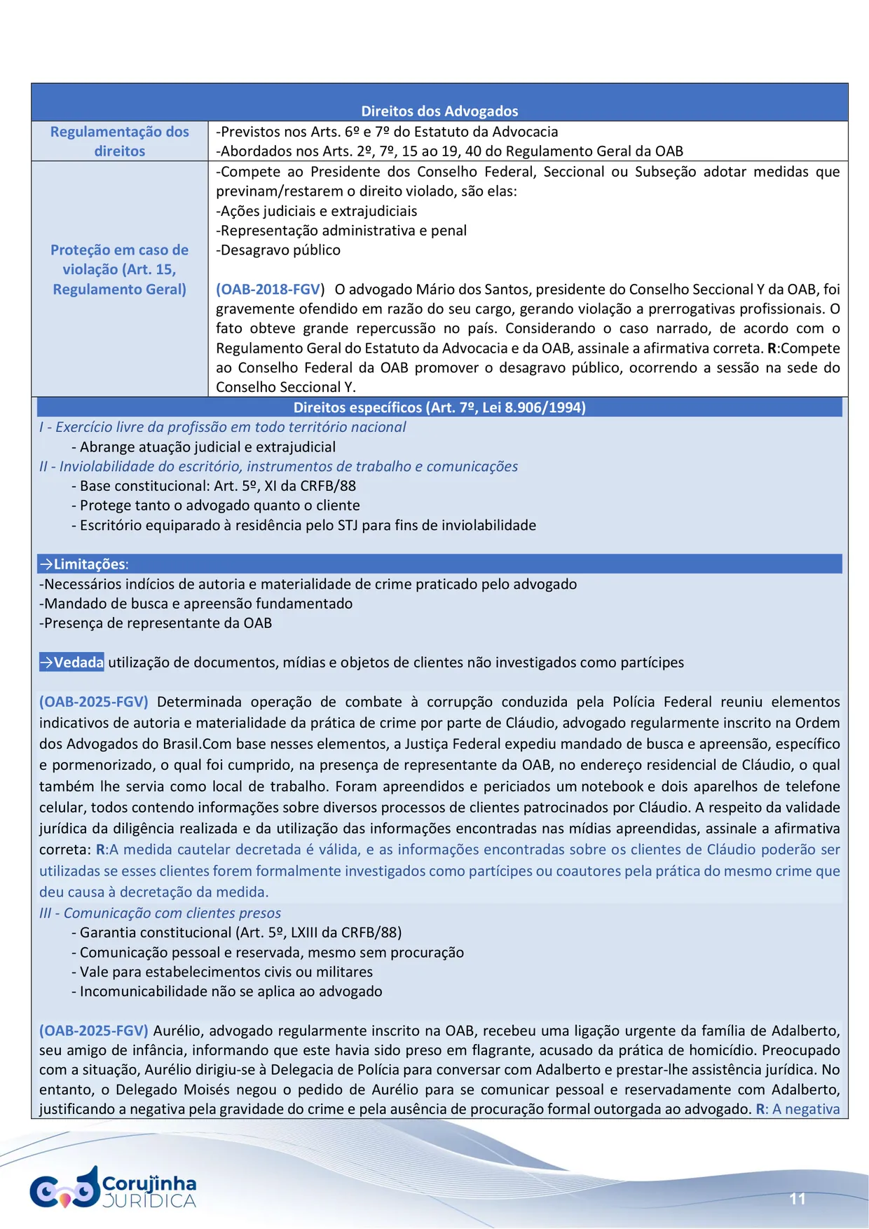 Página do Resumo Tabelado de Ética e Estatuto da OAB sobre os direitos e prerrogativas do advogado, com três questões dos exames OAB 2018 e 2025 da FGV dentro da própria tabela