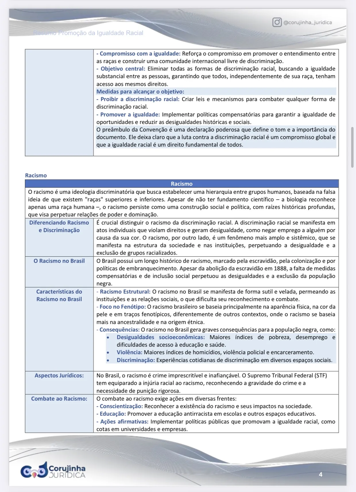 Página do Resumo Tabelado sobre racismo estrutural, com características e consequências organizadas em tabela