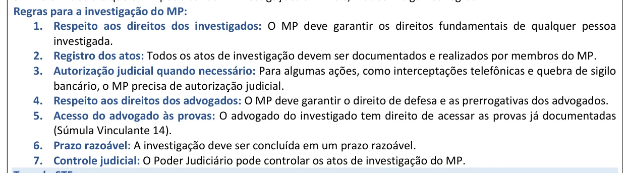 Trecho ampliado do Resumo Tabelado de Legislação Institucional do MP com as sete regras fixadas pelo STF para a investigação criminal conduzida pelo Ministério Público, numeradas