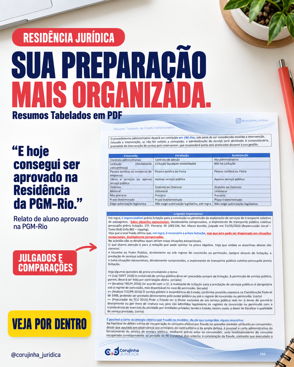 Depoimento de aprovação na residência da PGM-Rio com o material de Administrativo