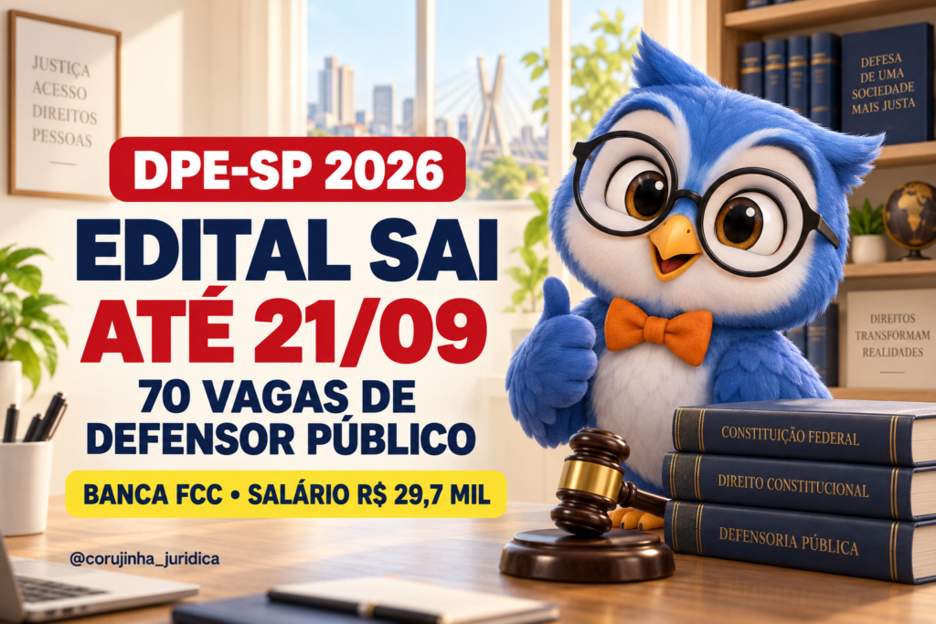 Capa do post sobre o concurso DPE-SP 2026 — edital para Defensor Público da Defensoria Pública de São Paulo, 70 vagas, banca FCC